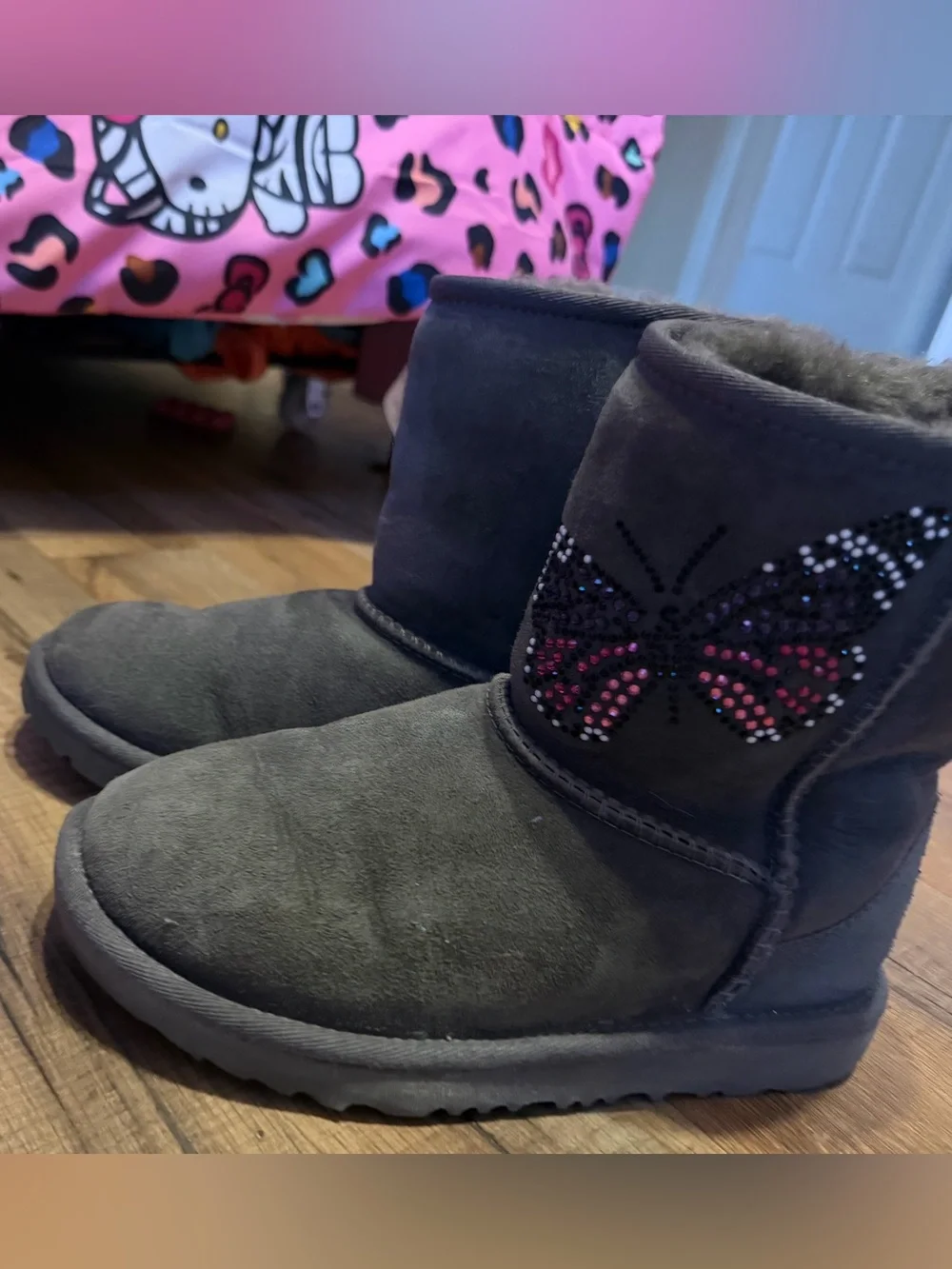 Kids Ugg Embellished Butterfly Suede Boots in Taupe